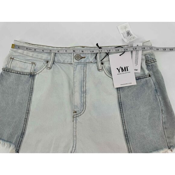 NWT YMI Color Block Two Tone Denim Shorts High Waisted Frayed Hem Festival 11 30 - Picture 4 of 5